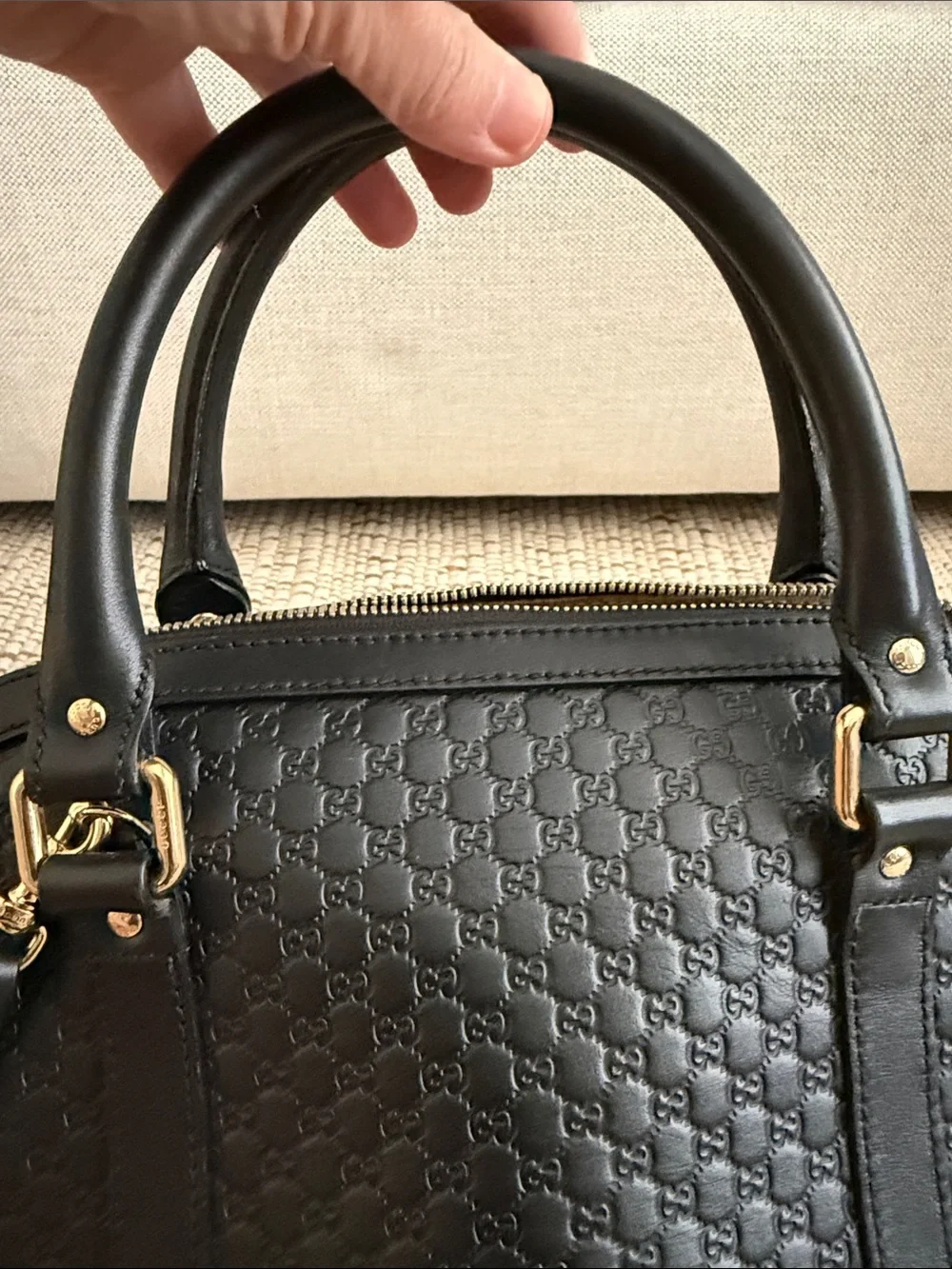 Gucci Black Embossed GG Dome Satchel with Gold-Tone Hardware